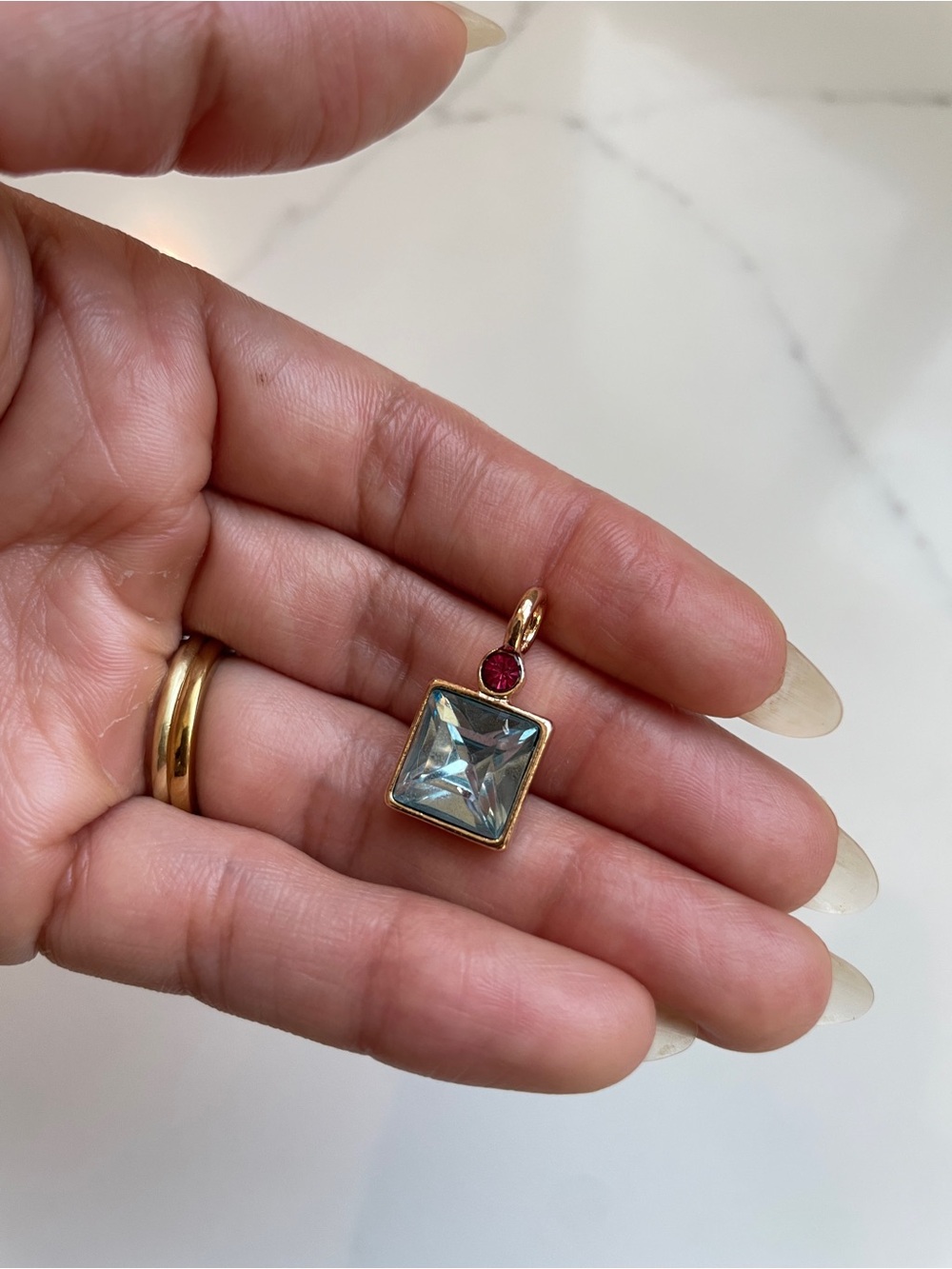 Vintage-Style Blue & Pink Glass Resin Two-Stone Pendant, Gold Plated